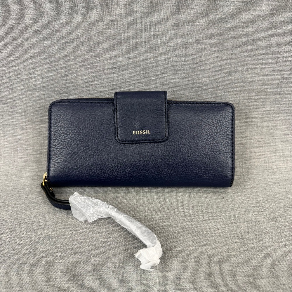Fossil Madison Zip Clutch Women Navy Blue Leather Wristlet Wallet - Picture 1 of 11